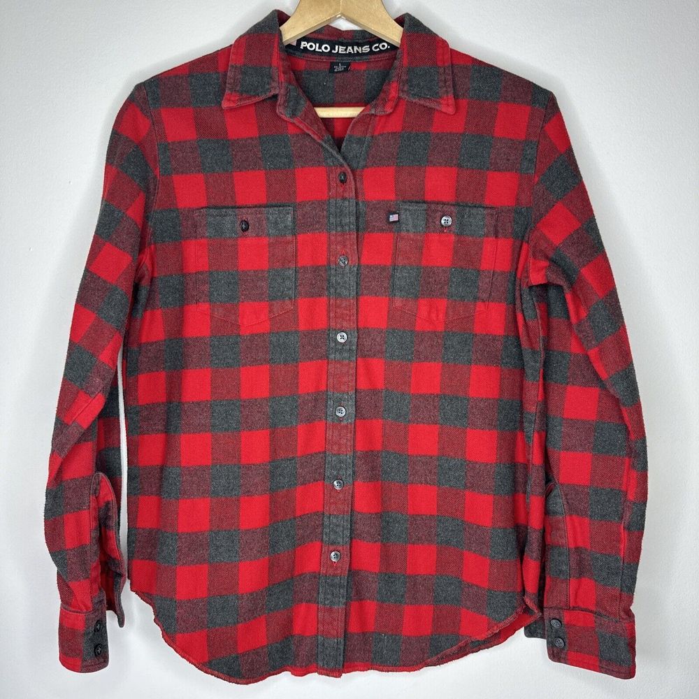 Polo‎ Jeans Co. Womens Top L Red/gray Plaid Flannel Long Sleeve Button Up